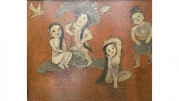 Tắm ao. (50cm x 60cm) <br> Sơn mài (1999) <br> Lê Ngọc Hiếu (1934-)