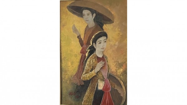 Cô gái quan họ.<br> (60cm x 90cm) <br> Sơn mài (2019) <br> Hà Mỹ Lý (1946-)