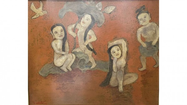 Lotus Pond Bathing <br> (50cm x 60cm) <br> Lacquer (1999) <br> Le Ngoc Hieu (1934-)
