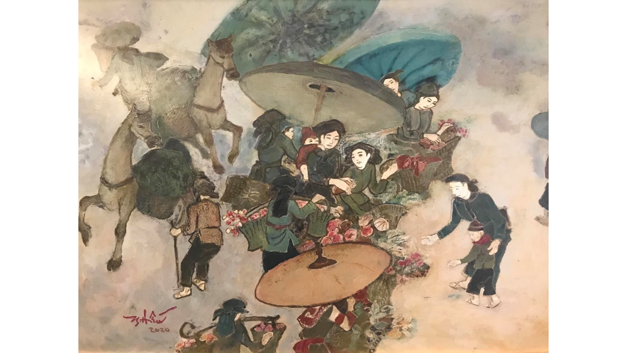 Highland Market <br>(60cm x 80cm)<br>Lacquer (2020) <br>Le Ngoc Hieu (1934 -)